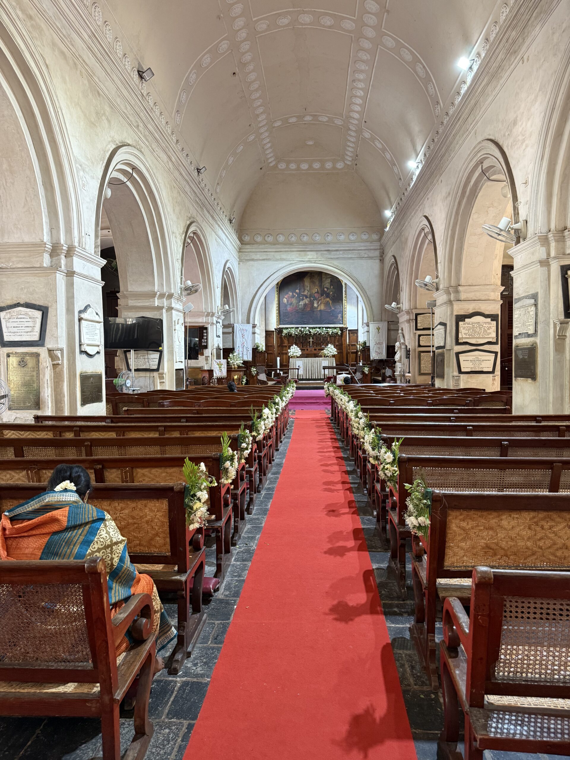 Historic wooden pews inside St. Mary's Church Chennai