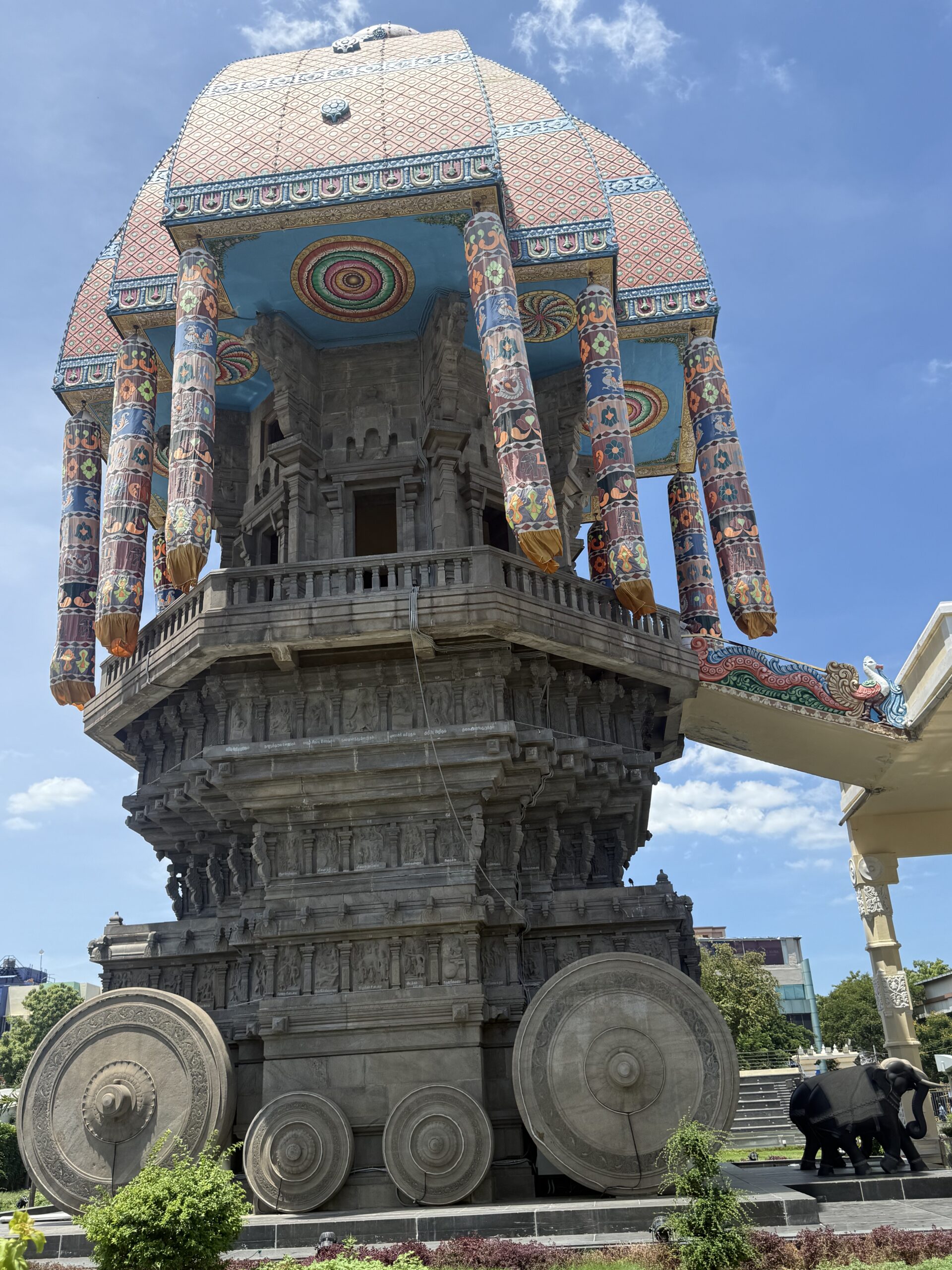 Full view of the Valluvar Kottam stone chariot in Chennai