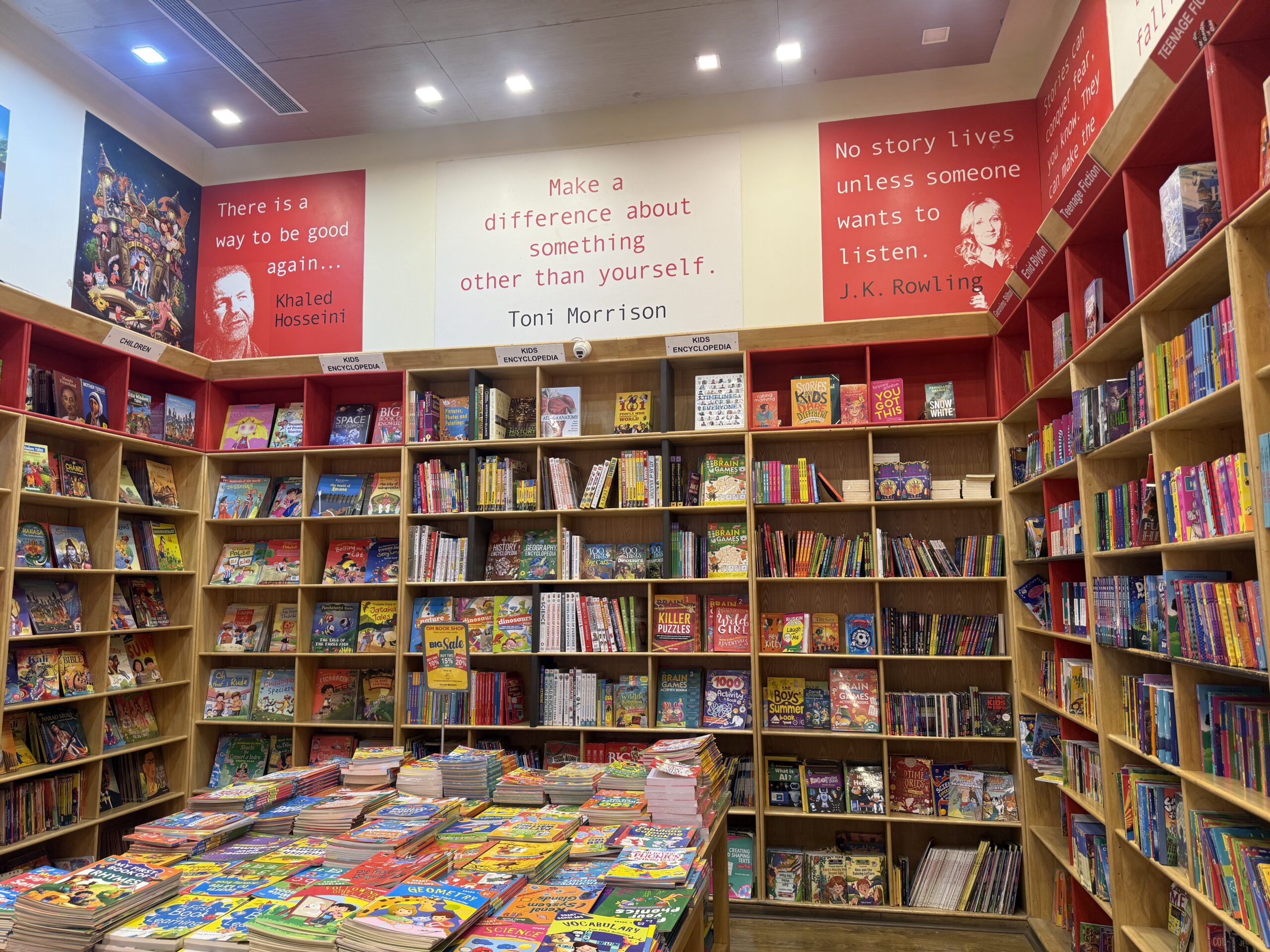 Author quotes decorating the walls inside Om Book Shop Chennai