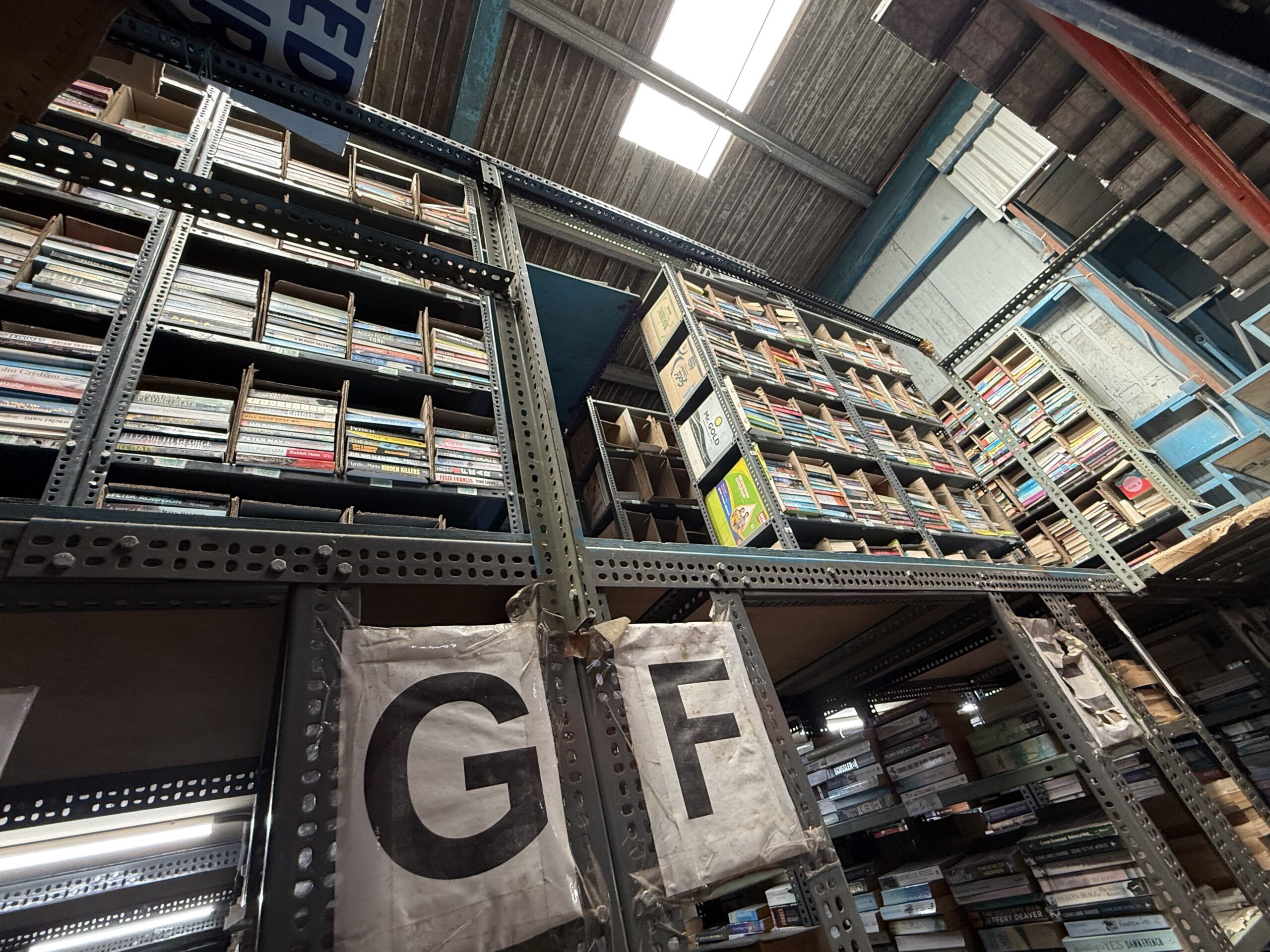 Large warehouse filled with pre-owned books at Used Books Factory Chennai